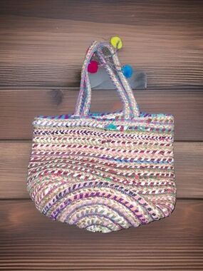 America and Beyond BigTote Colorful HAND MADE B Woven Tote with Pom Pom Accents
